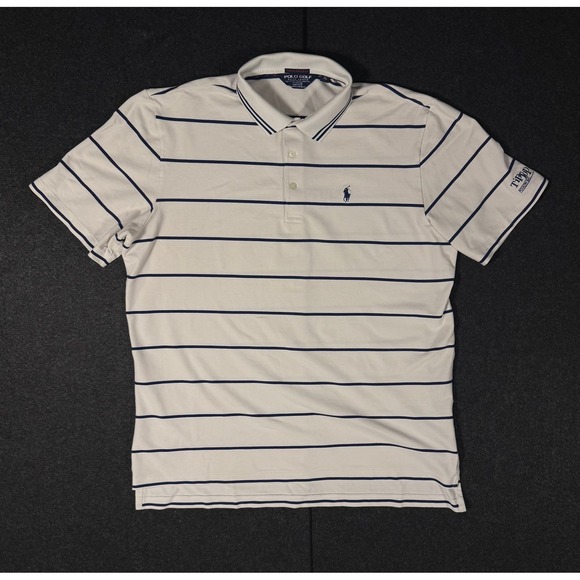 Ralph Lauren Polo Golf Other - Ralph Lauren Polo Golf Mens XL Beige Navy Stripe Performance Polo Shirt Tip Top